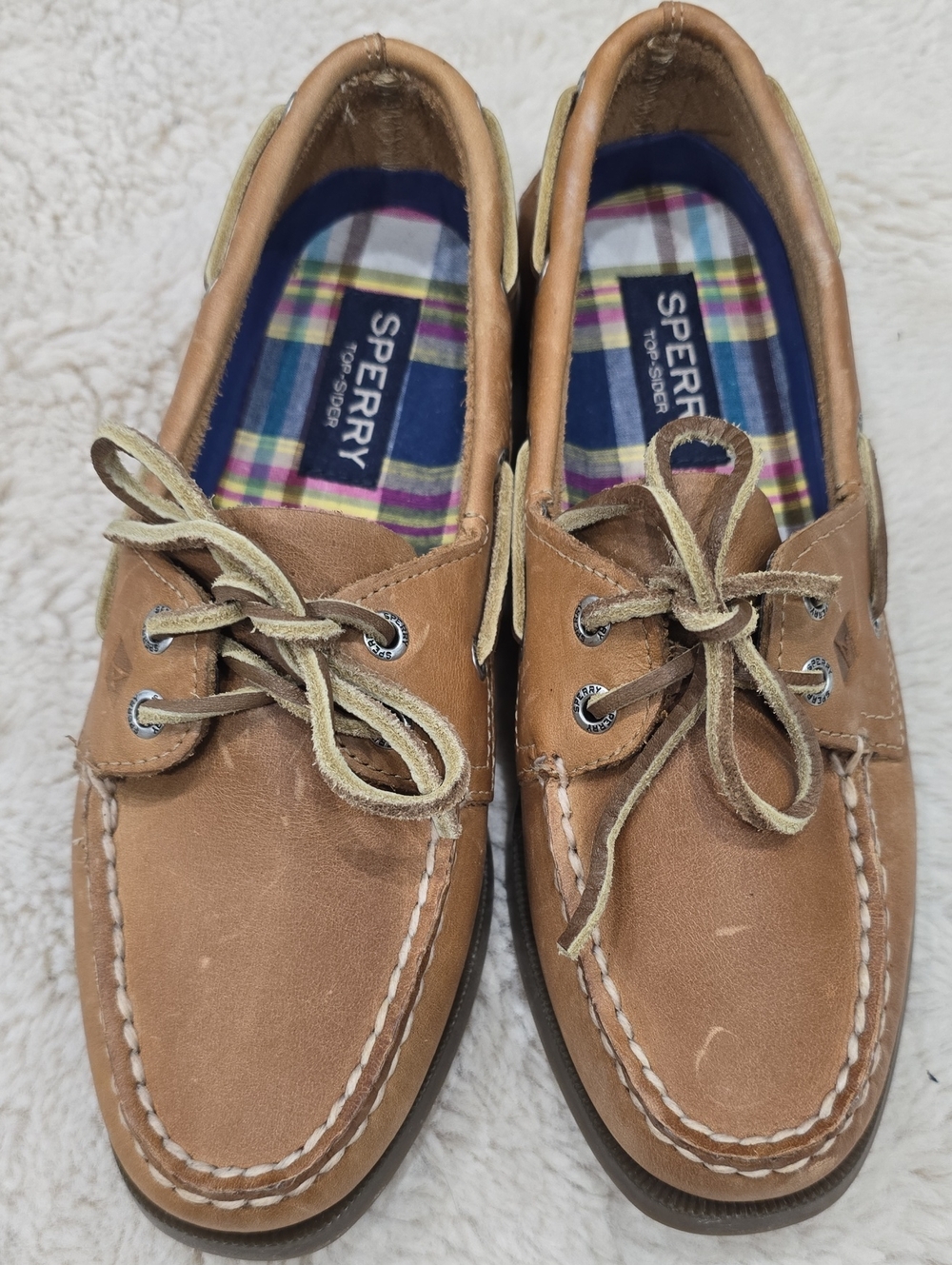 Sperry Tan Leather Moc Toe Boat Shoes with Plaid Lining
